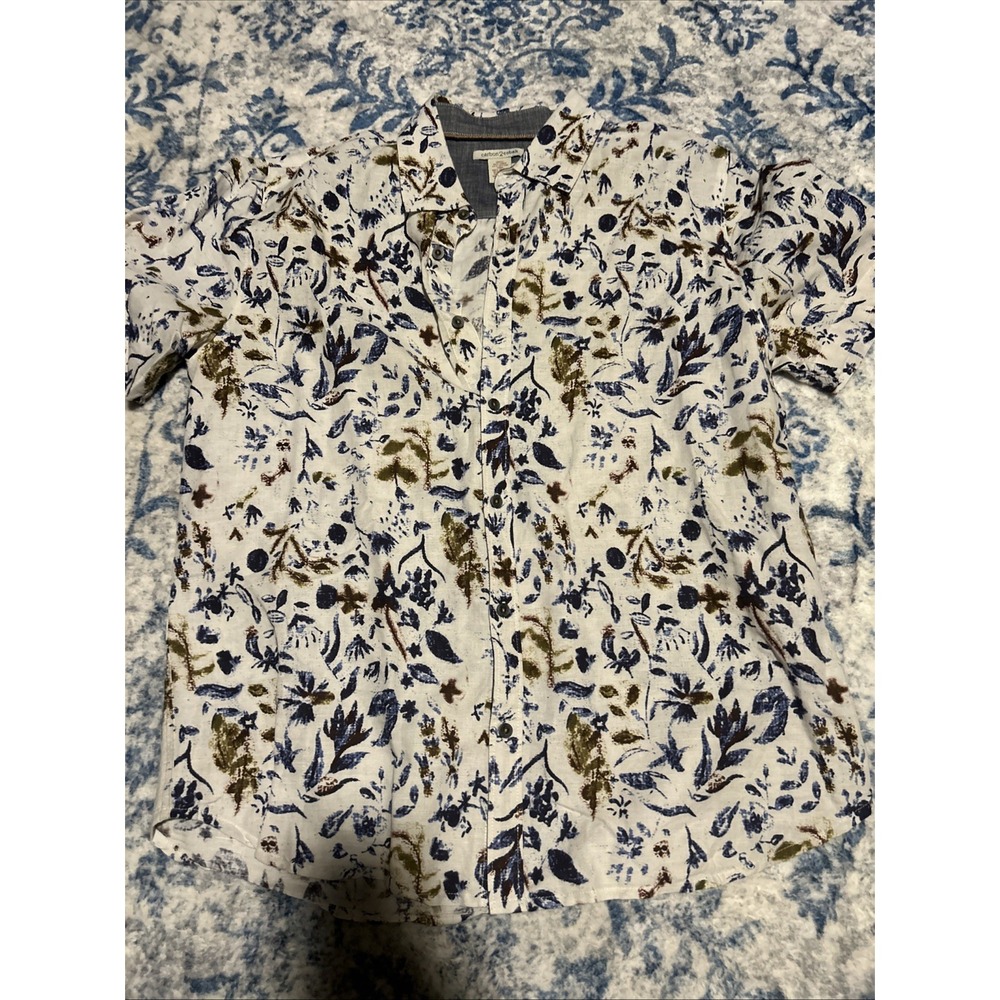 Carbon 2 Cobalt Short Sleeve Button Up Linen Blend Shirt Mens M Floral Casual